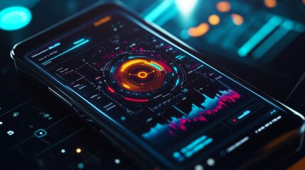 A smartphone showcases a dynamic data analytics interface featuring bright, colorful graphs and metrics