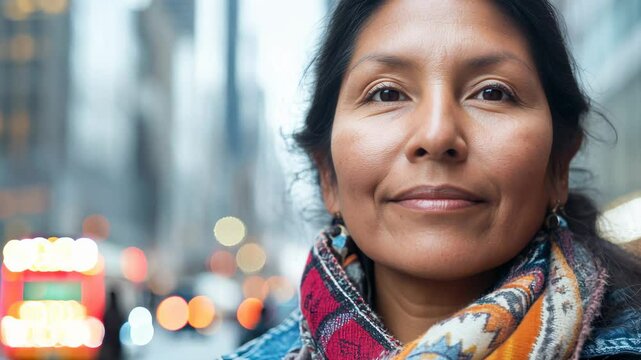 Mature native american woman smiling on camera with city in background during winter time - Indigenous person outdoor - Model by AI generative