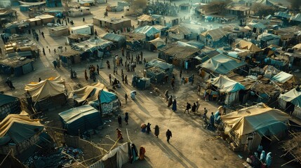 An aerial view of a makeshift refugee camp, highlighting the scale of displacement and the need for humanitarian aid.
