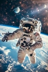 Fototapeta premium Astronaut Spacewalk In Outer Space. Exploration, Space Travel, And The Wonders Of The Cosmos.