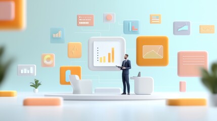 3D illustration of a business professional consulting with a client set in a modern office environment with a variety of digital charts and graphs floating around