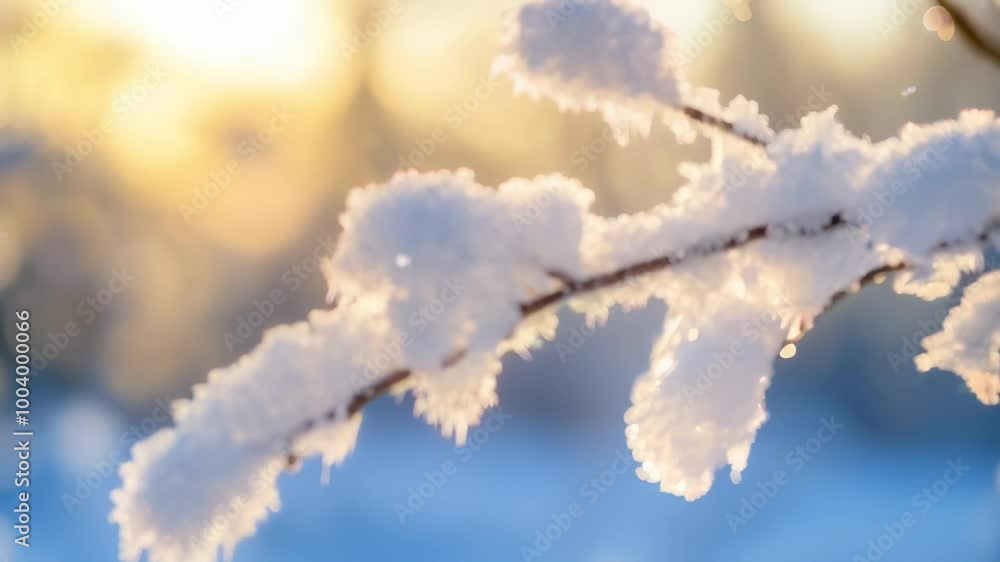 Poster snow covered branch glows in the setting sun, creating a magical winter scene with serene beauty and
