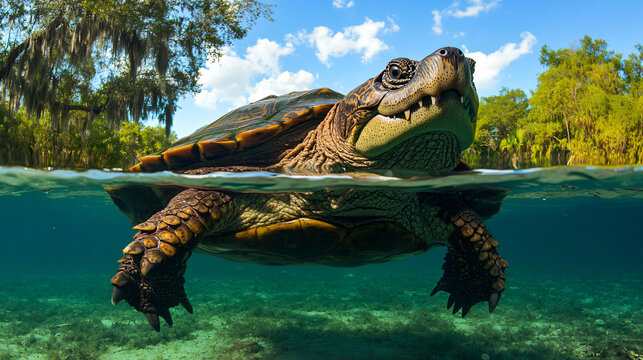 An alligator snapping turtle submerged in water
