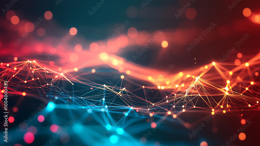 Poster abstract digital network with glowing nodes and connections.
