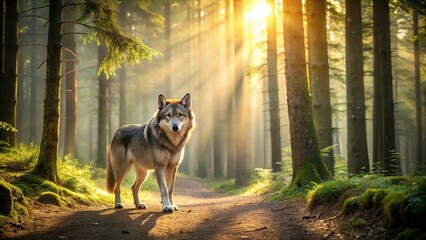 Fototapeta premium Wolf roaming through forest path with sunlight filtering through trees