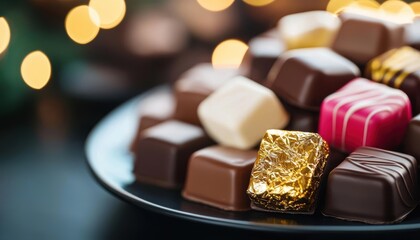 Gourmet chocolate assortment on a decorative plate, warm bokeh background, perfect for dessert lovers.