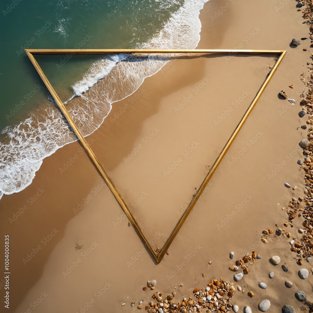 Poster mesmerizing aerial view of a beach with a golden triangle casting a shadow on the sand. the waves ge