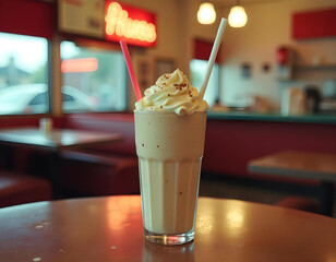 Delicious Ice Cream Shake Glass on Restaurant Table and some people in background