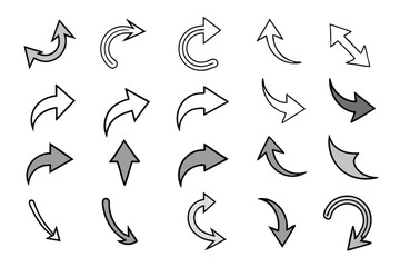 Arrow icons set. Vector black directional pointers. Flat hand drawn line doodle style.