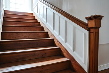 Sunlight Shining on Rustic Wooden Staircase with White Walls