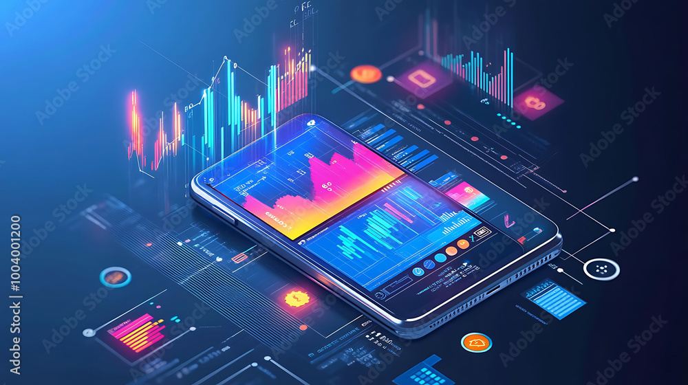 Poster smartphone displaying graphs, charts and data visualizations against a futuristic background.