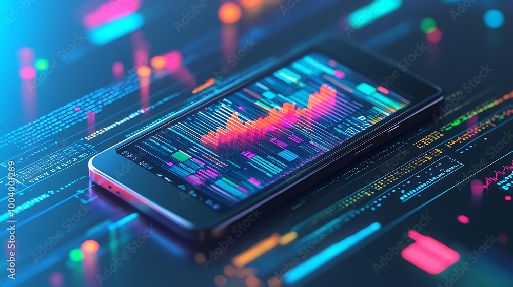 Poster a smartphone displaying a financial chart with colorful data lines, surrounded by a digital backgrou