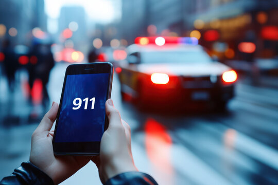 Person is holding a smartphone showing the 911 emergency number on the screen with a police car in the background