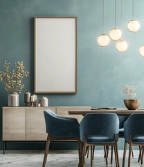Teal Wall Blank Canvas Above Rustic Wooden Table  Display marble