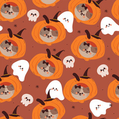 Naklejka premium seamless pattern cartoon cat with ghost and pumpkin halloween. cute halloween wallpaper for fabric print, gift wrap paper