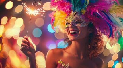 Joyful woman with a sparkler in a colorful carnival costume against a backdrop of shimmering lights.