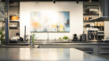 Out-of-focus image of a modern office kitchen with sleek countertops and stylish lighting