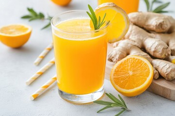 Refreshing orange and ginger juice with a lemon slice and rosemary garnish