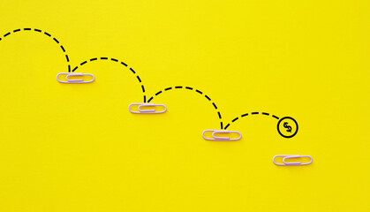 Cost down and Cost Management, Economy recession or inflation concept. Coin sign jumps down from top stair on yellow background