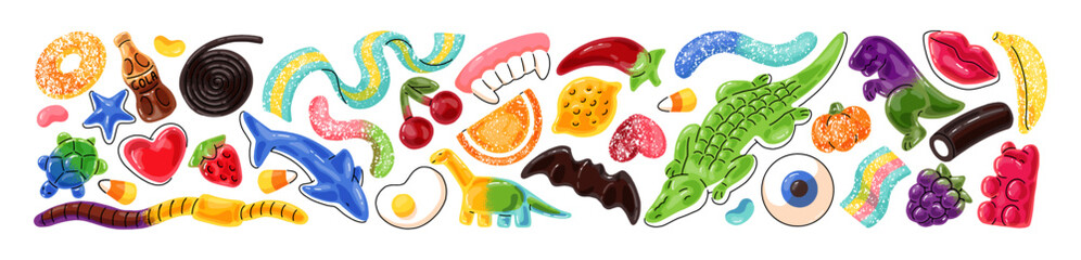 Jelly set. Gelatin candies with different shapes: heart, worm, bear, egg, eye, teeth. Cute soft sweets, gummy dessert, tasty fruit food for kids. Flat isolated vector illustration on white background