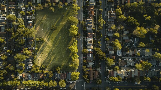 An overhead shot of two neighboring areas one with well-maintained parks and homes, and the other with crowded housing and scarce green spaces.