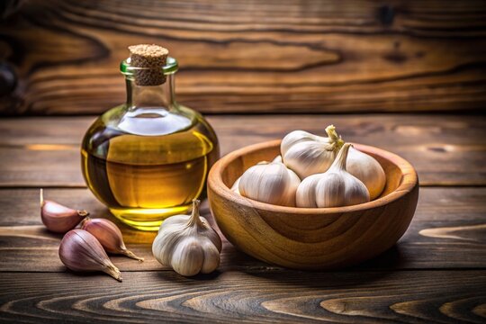 Wooden bowl filled with garlic next to bottle of olive oil