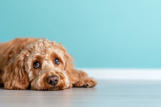 Cute dog lying down looking sad with big eyes