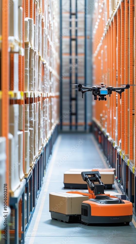 Poster robotic drone and automated carts working in a modern warehouse during daylight hours
