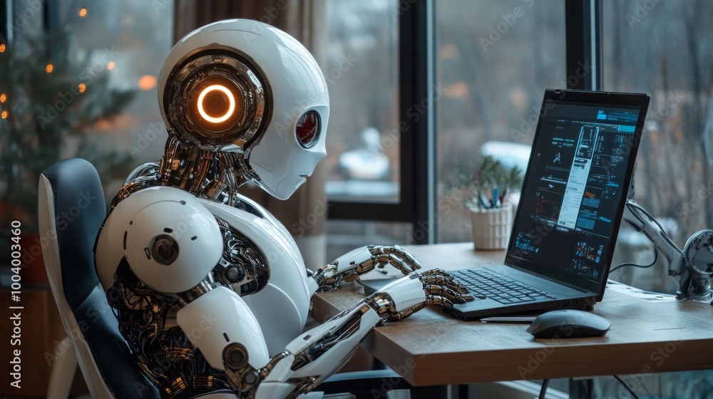 Poster a robot is sitting at a desk and using a laptop