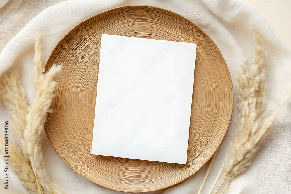 Sticker Blank paper cards, Greeting card Mockup with pampas grass on a wooden plate, beige background, Minimal beige workplace composition, flat lay, mockup