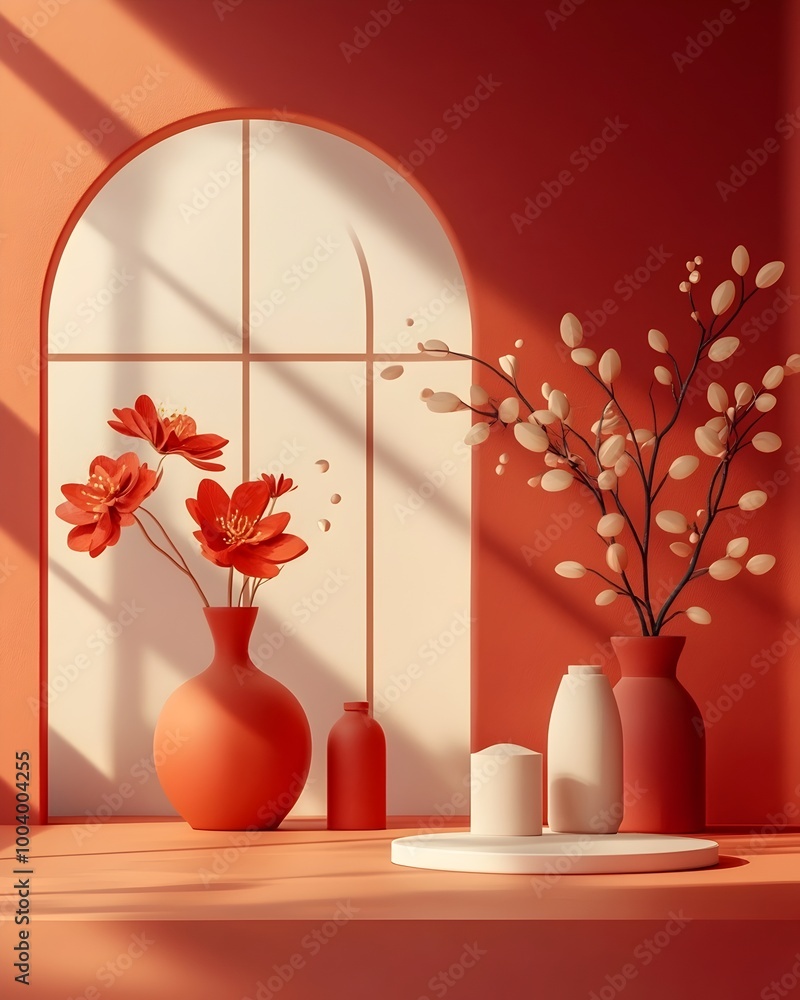 Poster sophisticated burgundy toned studio setting with warm afternoon lighting casting shadows creating a 