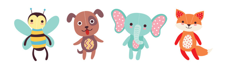 Sewed Stuffed or Fluffy Colorful Toys Vector Set