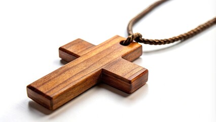 Fototapeta premium Wooden Christian cross necklace isolated on white background close-up