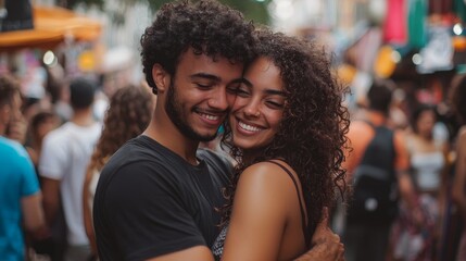 Fototapeta premium Joyful couple embracing at a street festival with a happy crowd in the background.