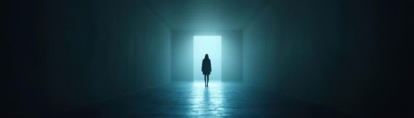 Obraz premium Silhouette of a person standing in a dark corridor leading to a bright light.
