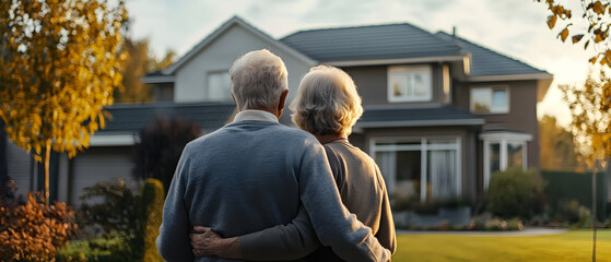 Rear view of Senior couple in front of their new house