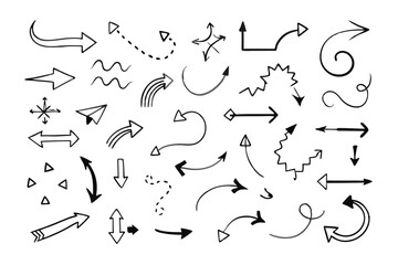 Arrow icons set. Vector black directional pointers. Flat hand drawn line doodle style.