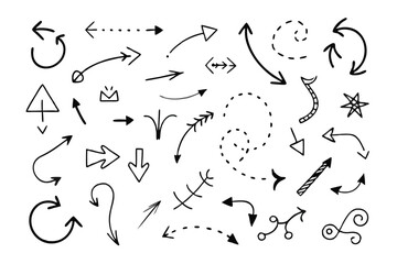 Arrow icons set. Vector black directional pointers. Flat hand drawn line doodle style.