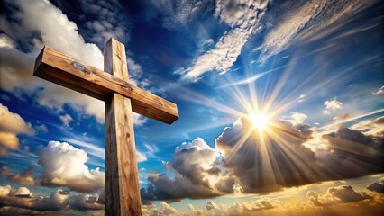 Wooden cross over sky with clouds and sun at tilted angle