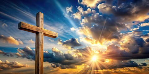 Wooden cross with bright sun and clouds in the background on a blue sky, Christian religious symbol