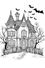 Fototapeta premium Black and white illustration of a spooky victorian haunted house perfect for coloring activities