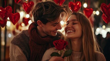 Young couple sharing a romantic moment with a red rose, surrounded by hanging red hearts.