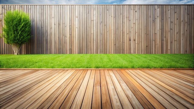 wooden deck and grassy area with wooden fences