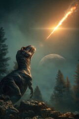 dinosaurs looking up at a meteor heading from them on earch 