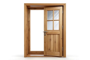 Wooden door with window isolated on white background