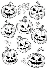 This black and white illustration features nine spooky jack-o'-lanterns with various expressions, perfect for a halloween coloring activity