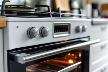 Modern gas stove and oven combination is baking something delicious, filling the kitchen with a warm, inviting glow