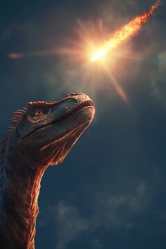 dinosaurs looking up at a meteor heading from them on earch 