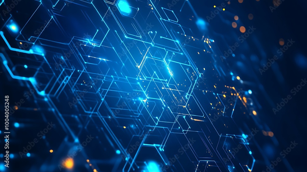 Poster abstract digital network with blue glowing lines and orange dots on dark background.