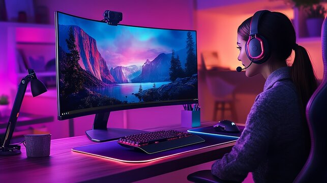 A young woman wearing headphones sits at a computer desk in a dimly lit room, focusing on her work.